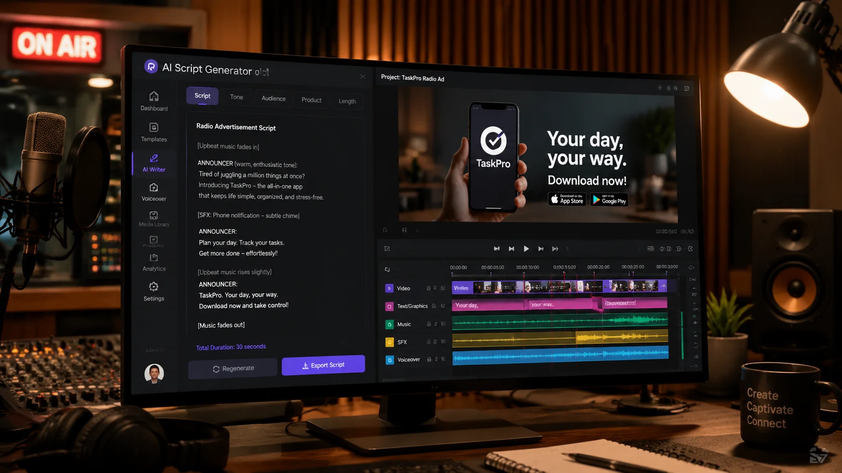 AI radio ad script generator tool showing commercial script and audio waveform