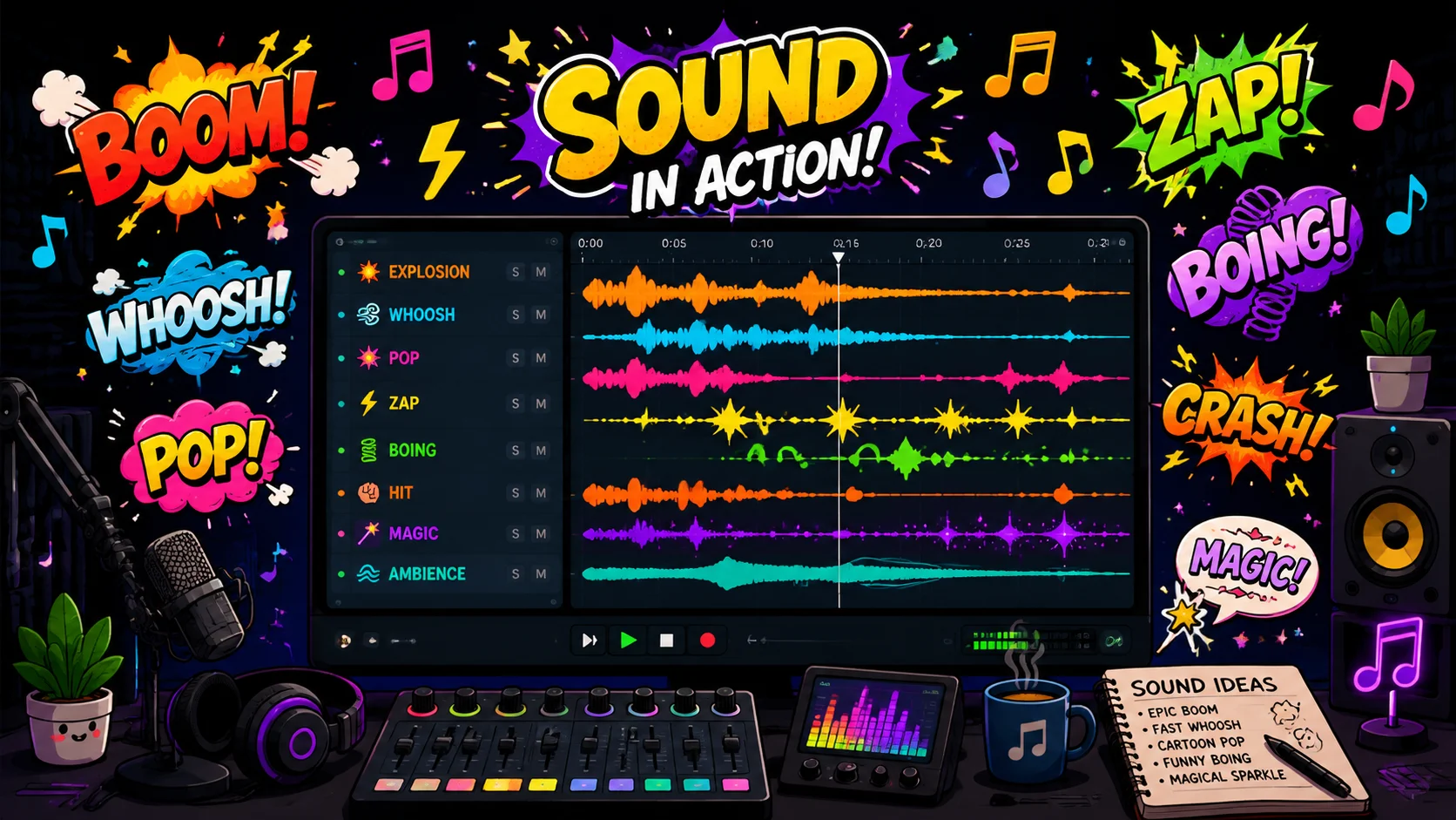 Collection of cartoon sound effect waveform visualizations for video production