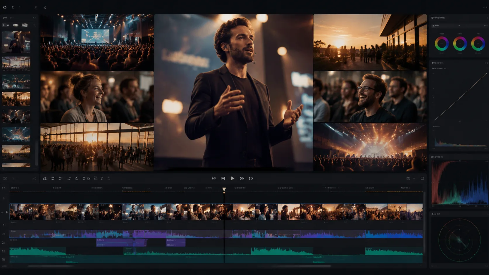 Cinematic event recap timeline with color-graded footage and audio waveform overlay