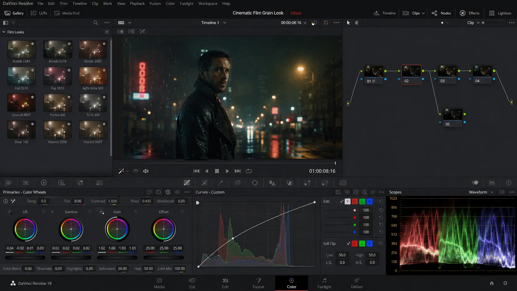 Film grain overlay effect in DaVinci Resolve color grading interface