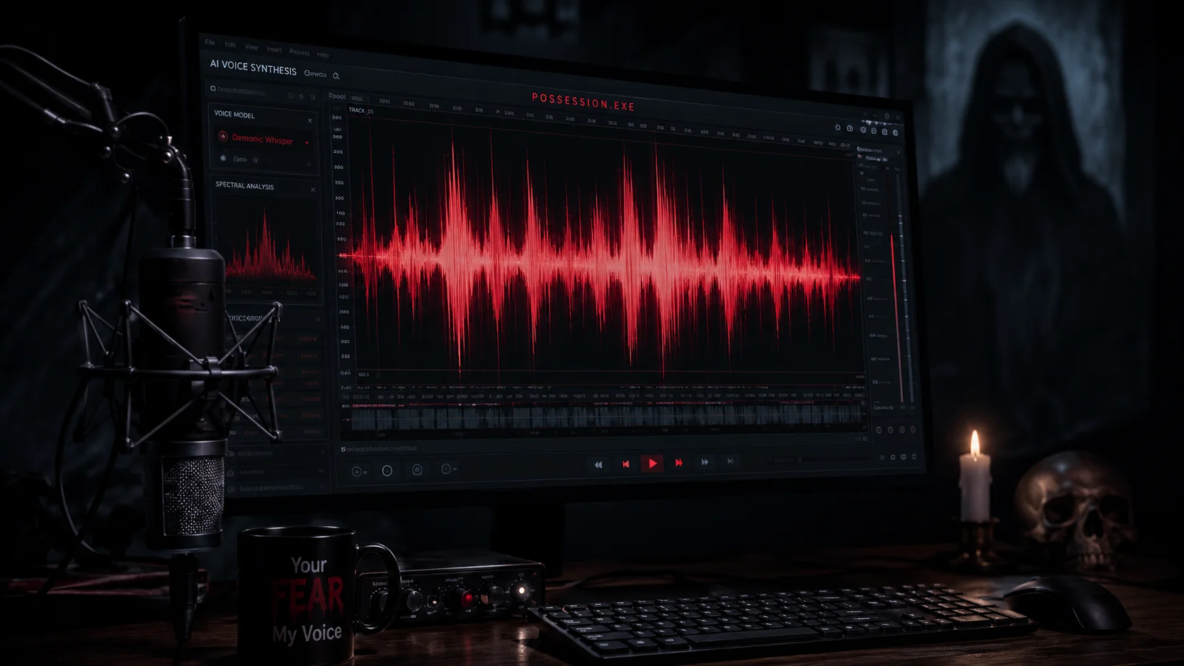 Horror-themed AI voice waveform visualization with dark mysterious background