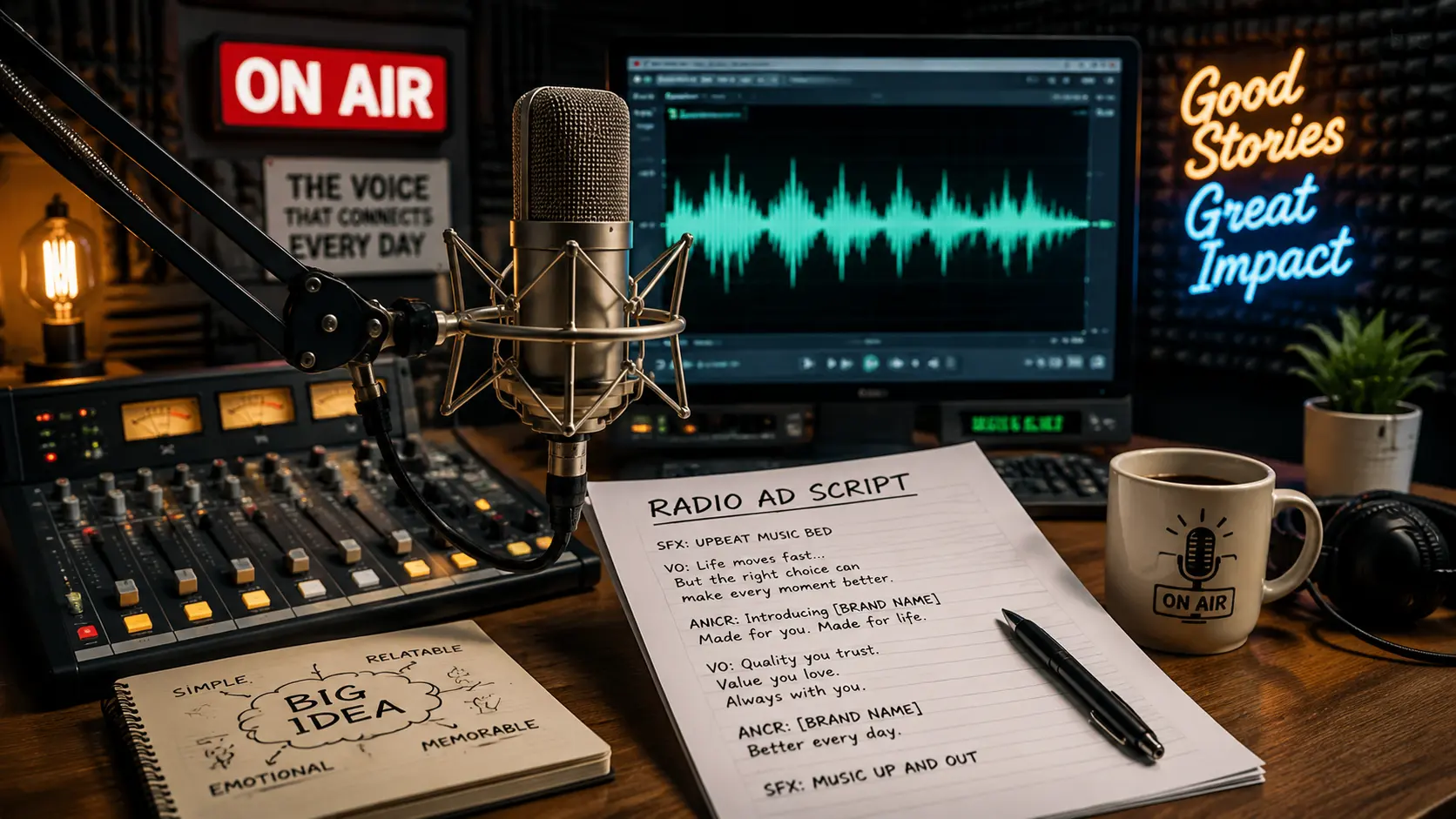 Professional radio studio mixing console and microphone for broadcast ad production
