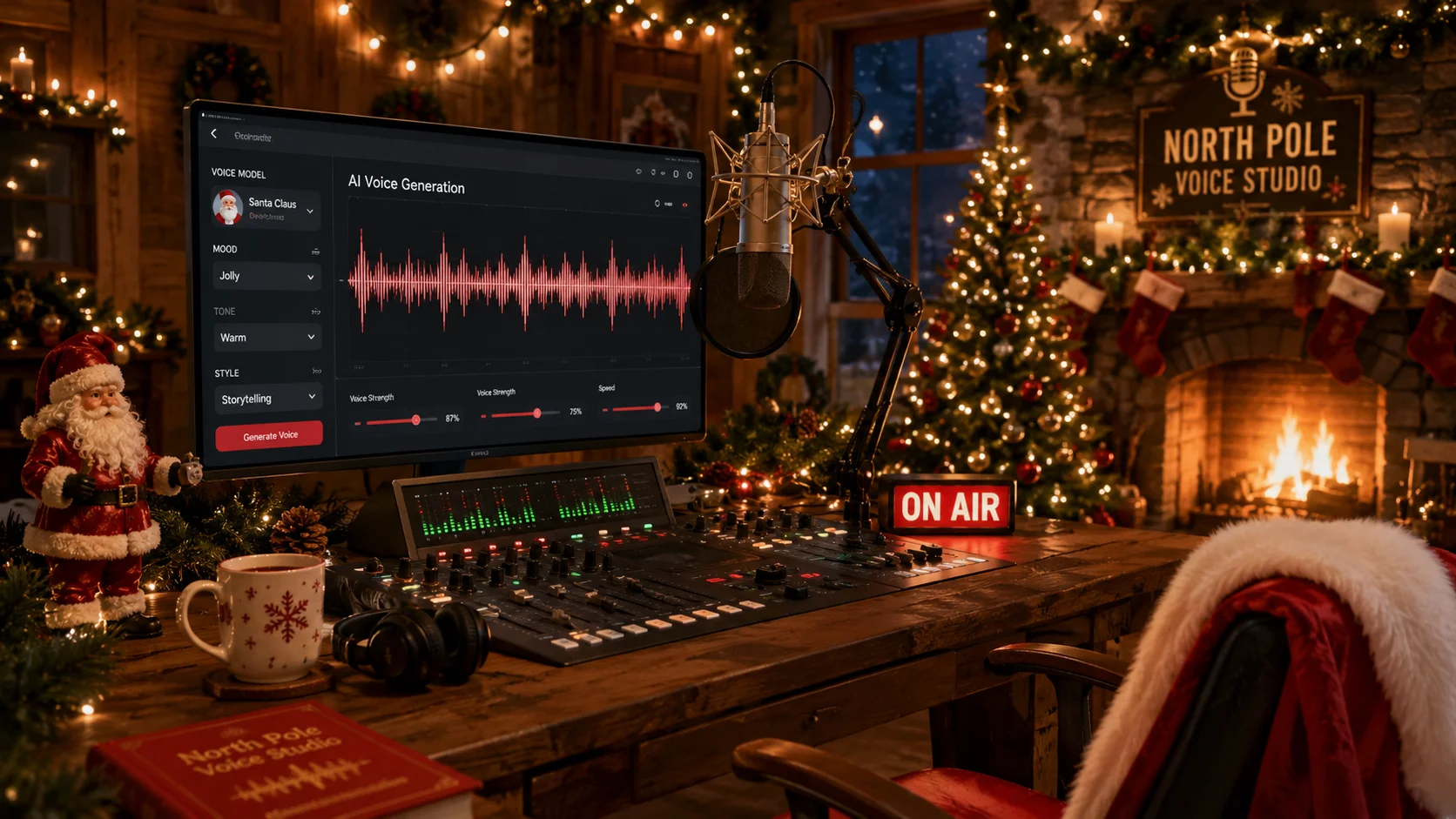 Christmas-themed AI voice generation studio with festive decoration elements