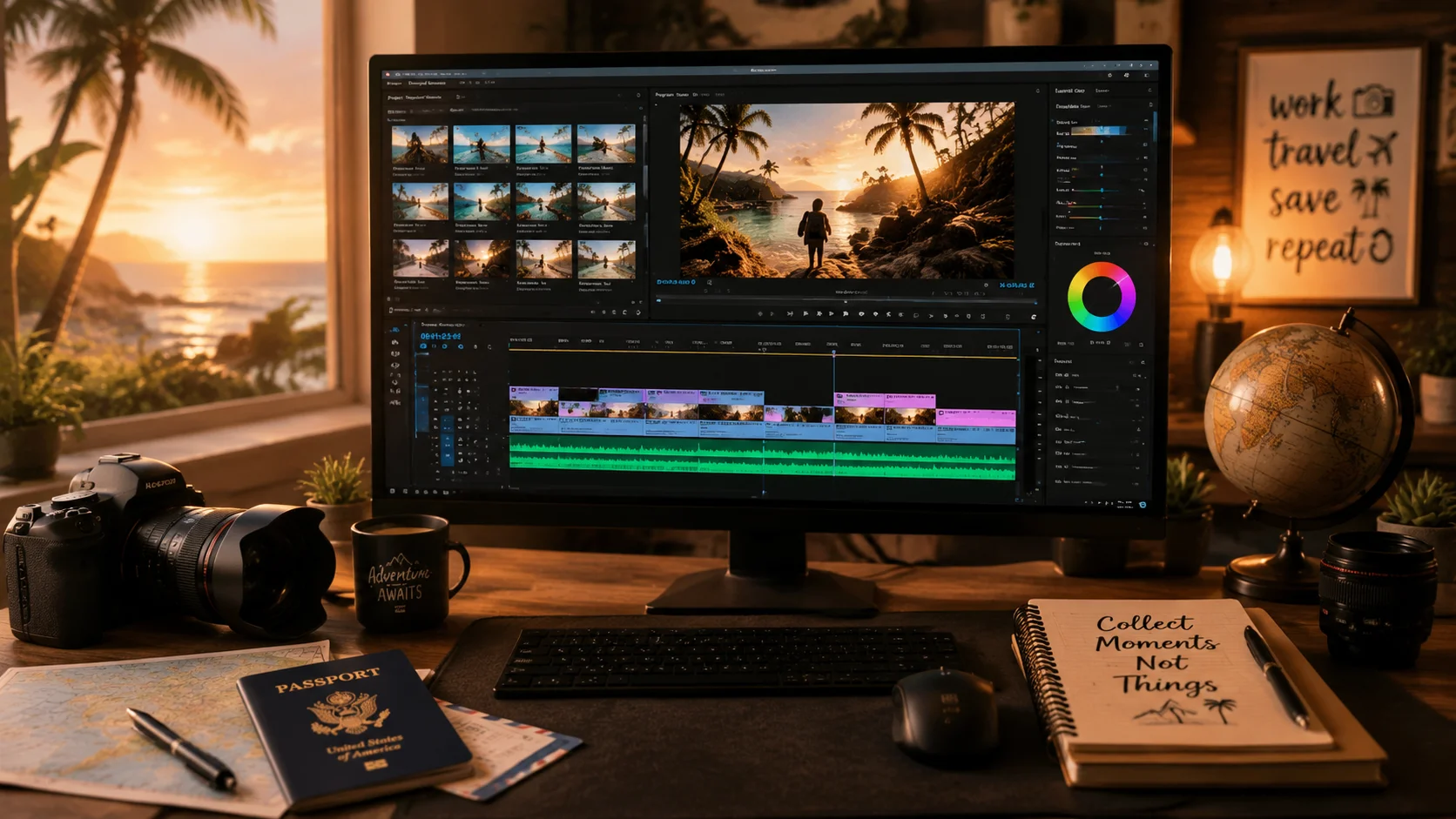 Tropical travel memories video editing workflow with beach clips on a modern timeline