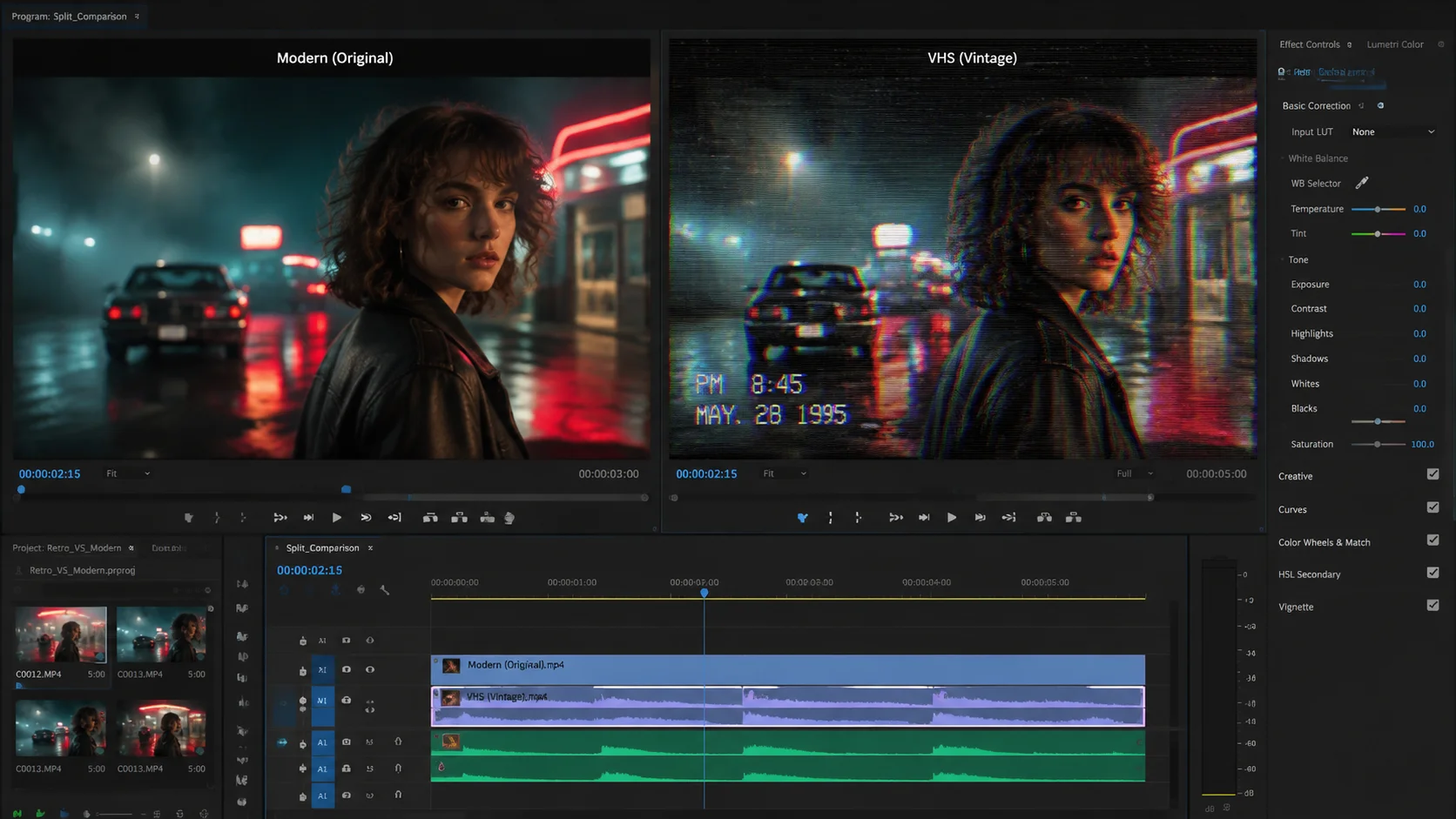 Side-by-side comparison of original footage and VHS-styled footage in Final Cut Pro